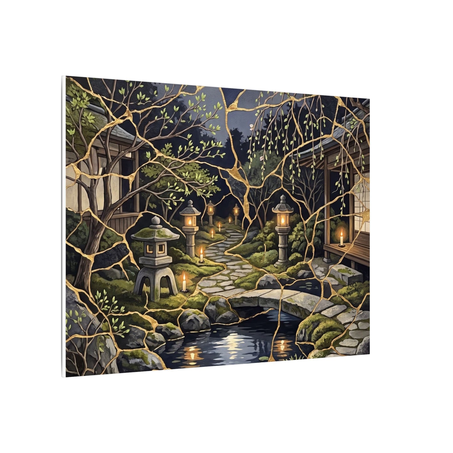 Kintsugi Moonlit Garden in Candlelight | Gold Vein Canvas Art
