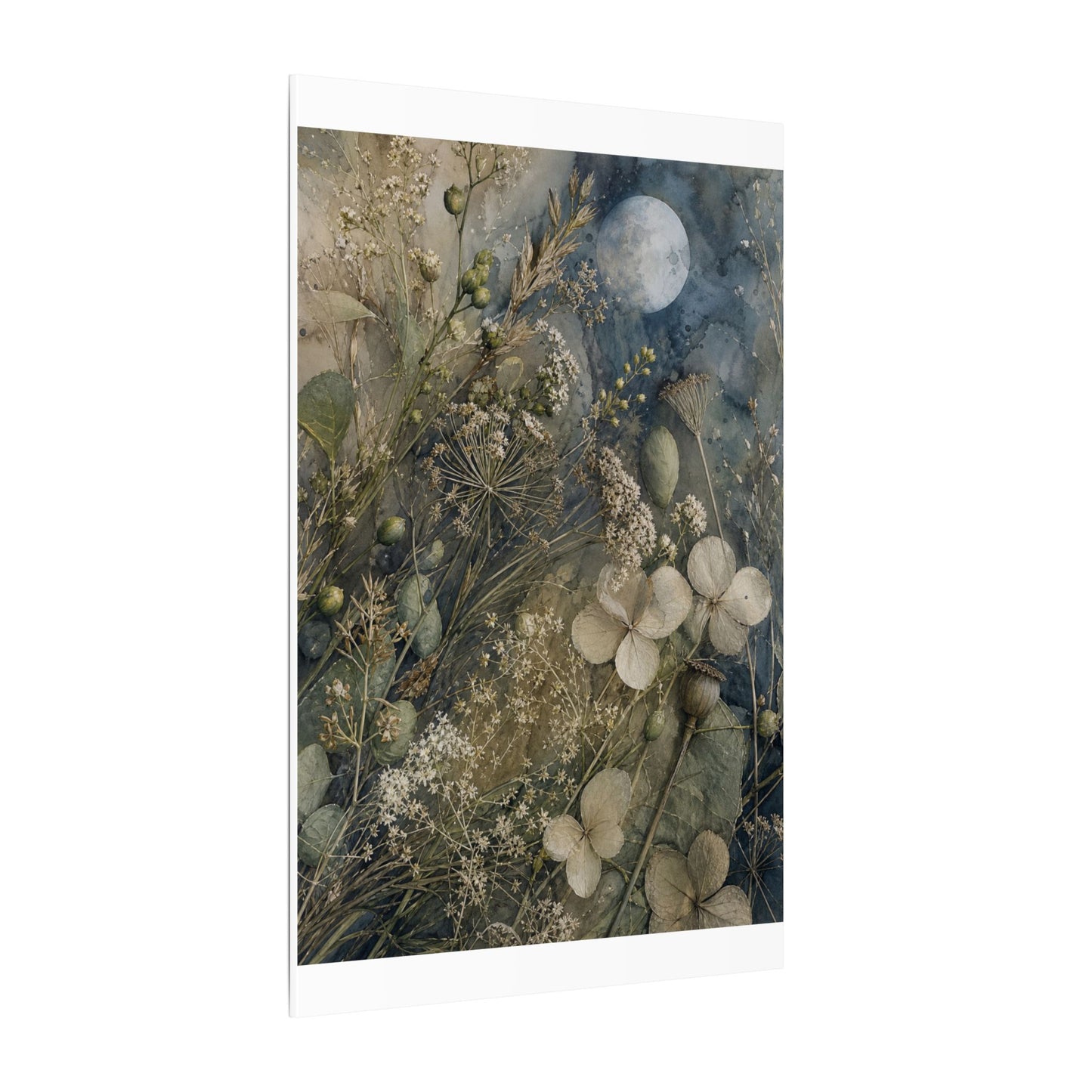 Japandi Dried Flowers in Moonlight | Watercolor Canvas Art