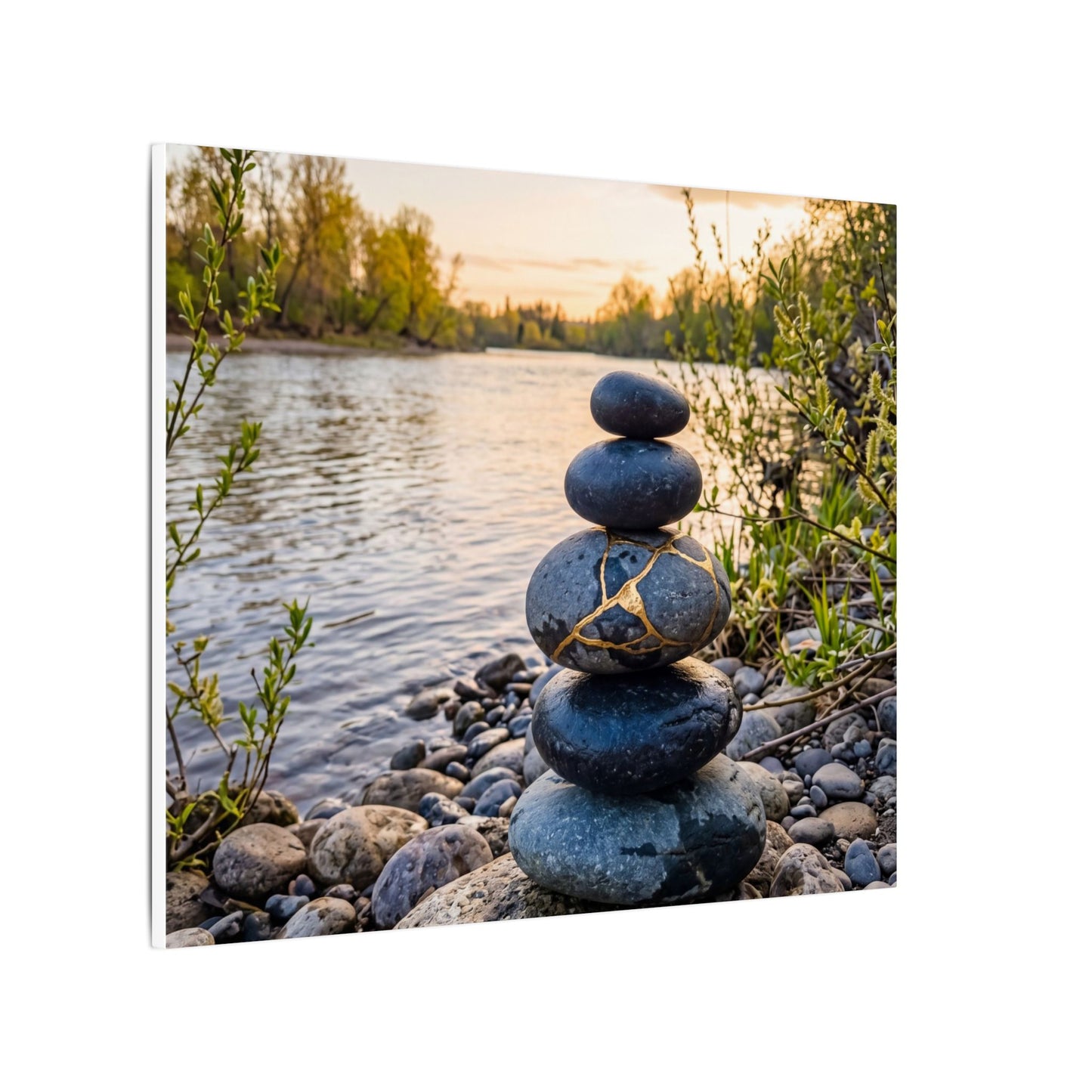 Kintsugi River Stones in Golden Hour | Gold Vein Canvas Art