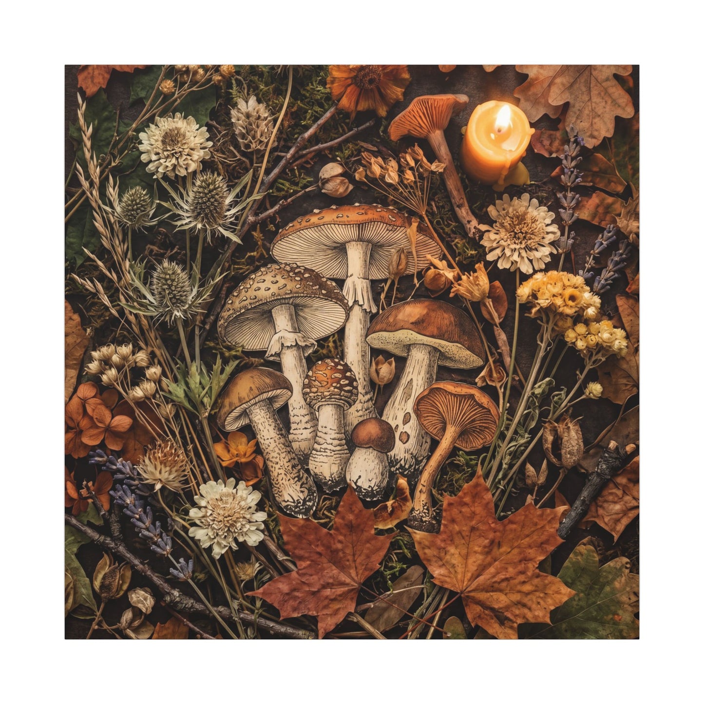 Autumn Dried Flowers Mushroom Illustration Canvas Art | Earthy Decor
