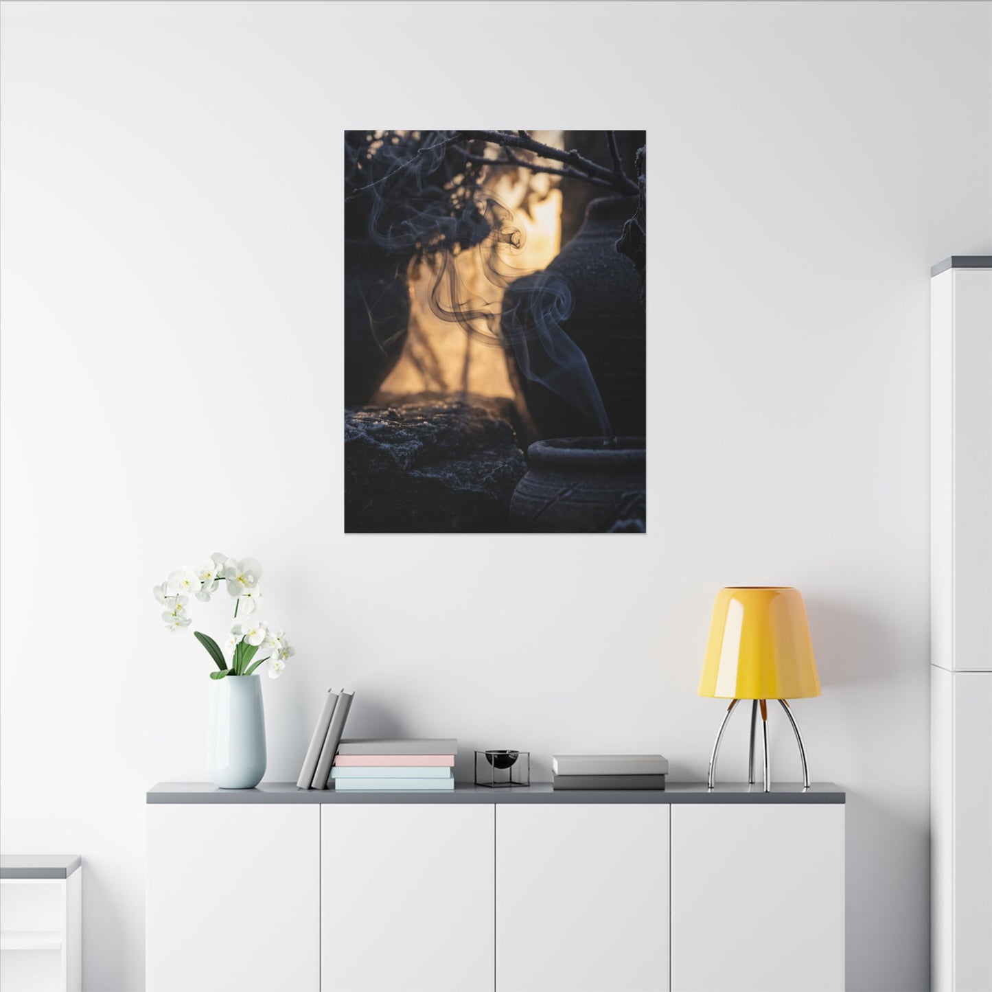 Incense Smoke Canvas Art | Winter Dark Japandi Shadow Zen Art