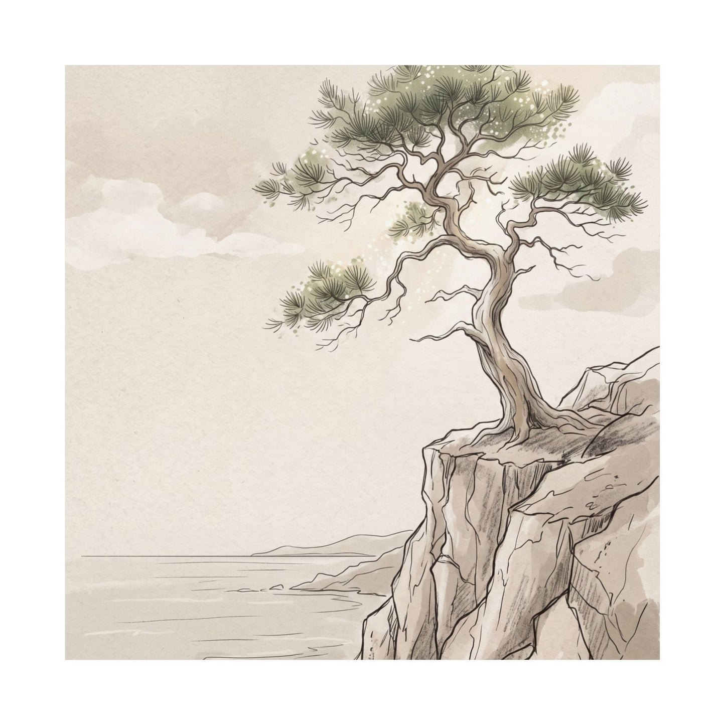 Neutral Pine Tree Wall Art Print - Minimal Line Japandi