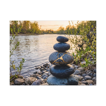 Kintsugi River Stones in Golden Hour | Gold Vein Canvas Art