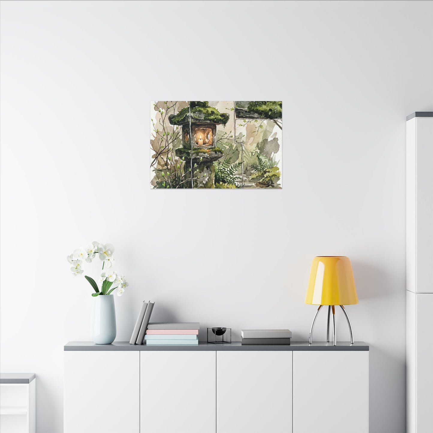 Stone Lantern Watercolor Canvas Art | Elegant Japandi Art