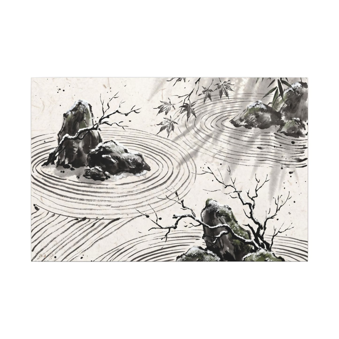 Rock Garden Canvas Art | Winter Zen Sumi E Art