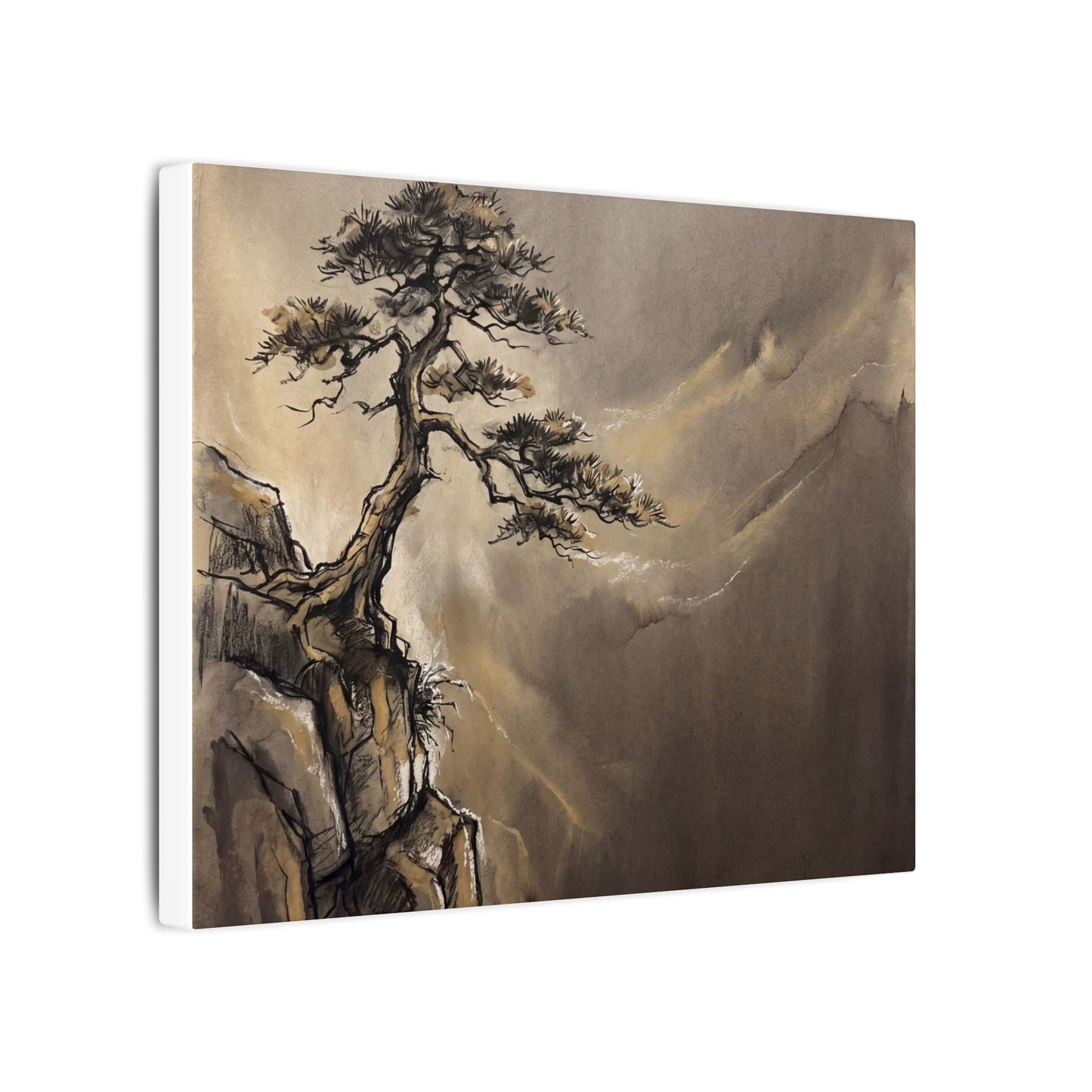 Pine Tree Charcoal Ink Canvas Art | Luxurious Dark Japandi Art