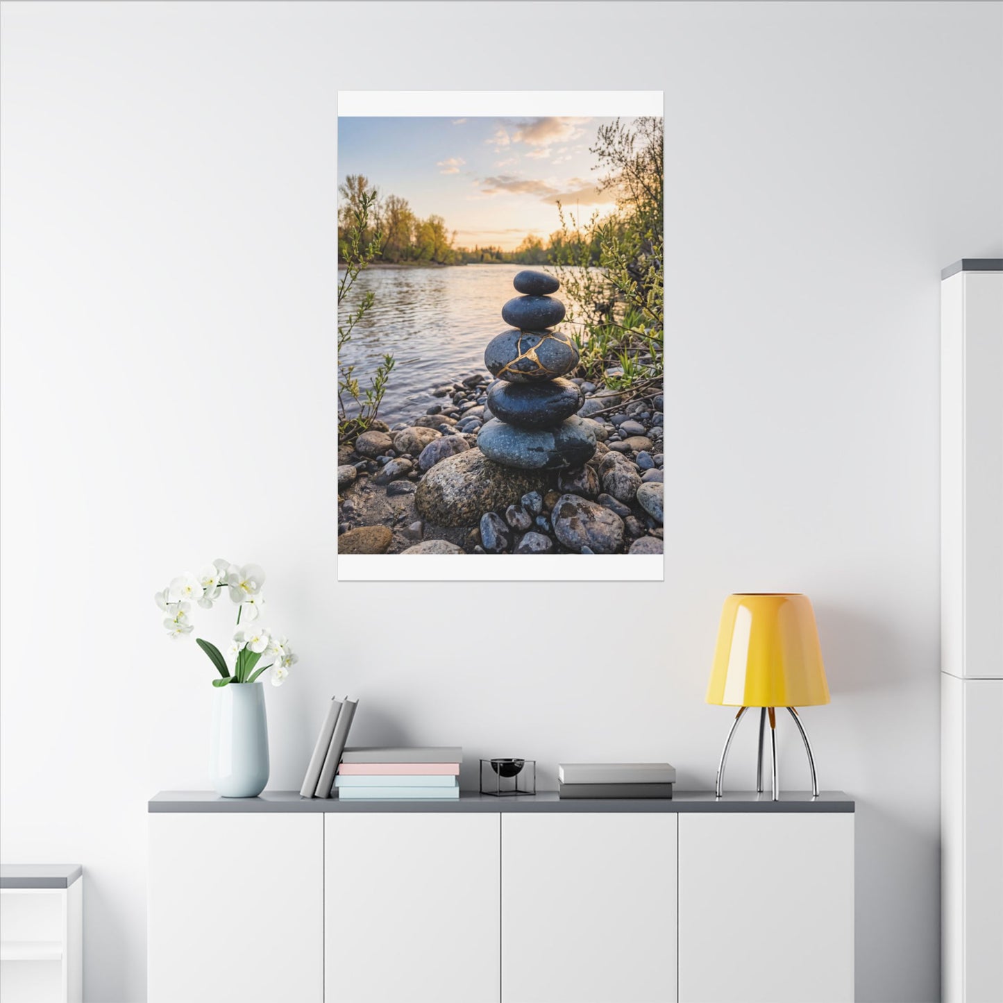Kintsugi River Stones in Golden Hour | Gold Vein Canvas Art
