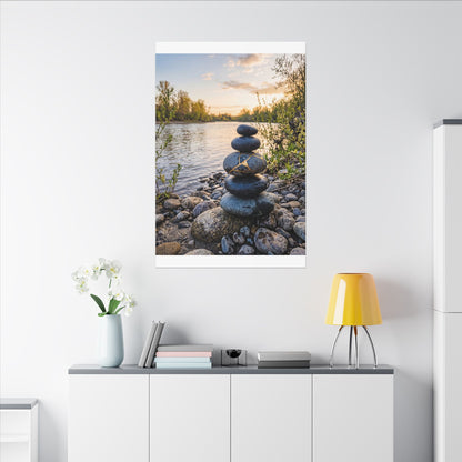 Kintsugi River Stones in Golden Hour | Gold Vein Canvas Art