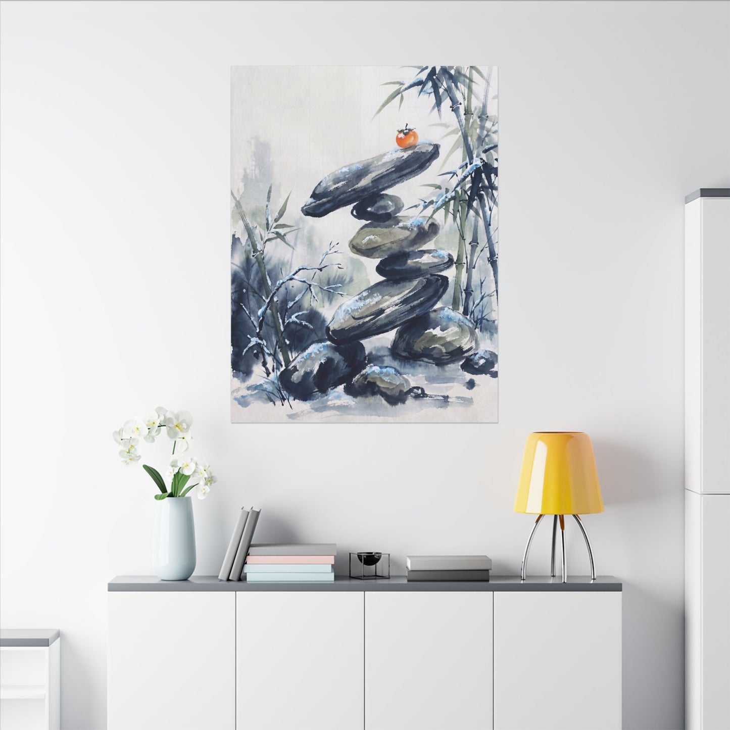 Zen River Stones in Moonlight | Sumi E Canvas Art