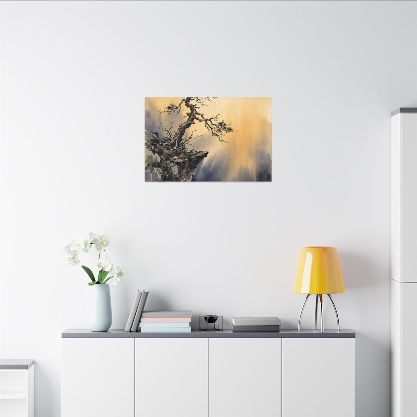 Zen Pine Tree in Golden Hour | Sumi E Canvas Art