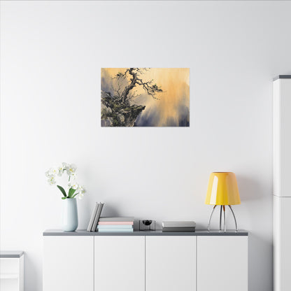 Zen Pine Tree in Golden Hour | Sumi E Canvas Art