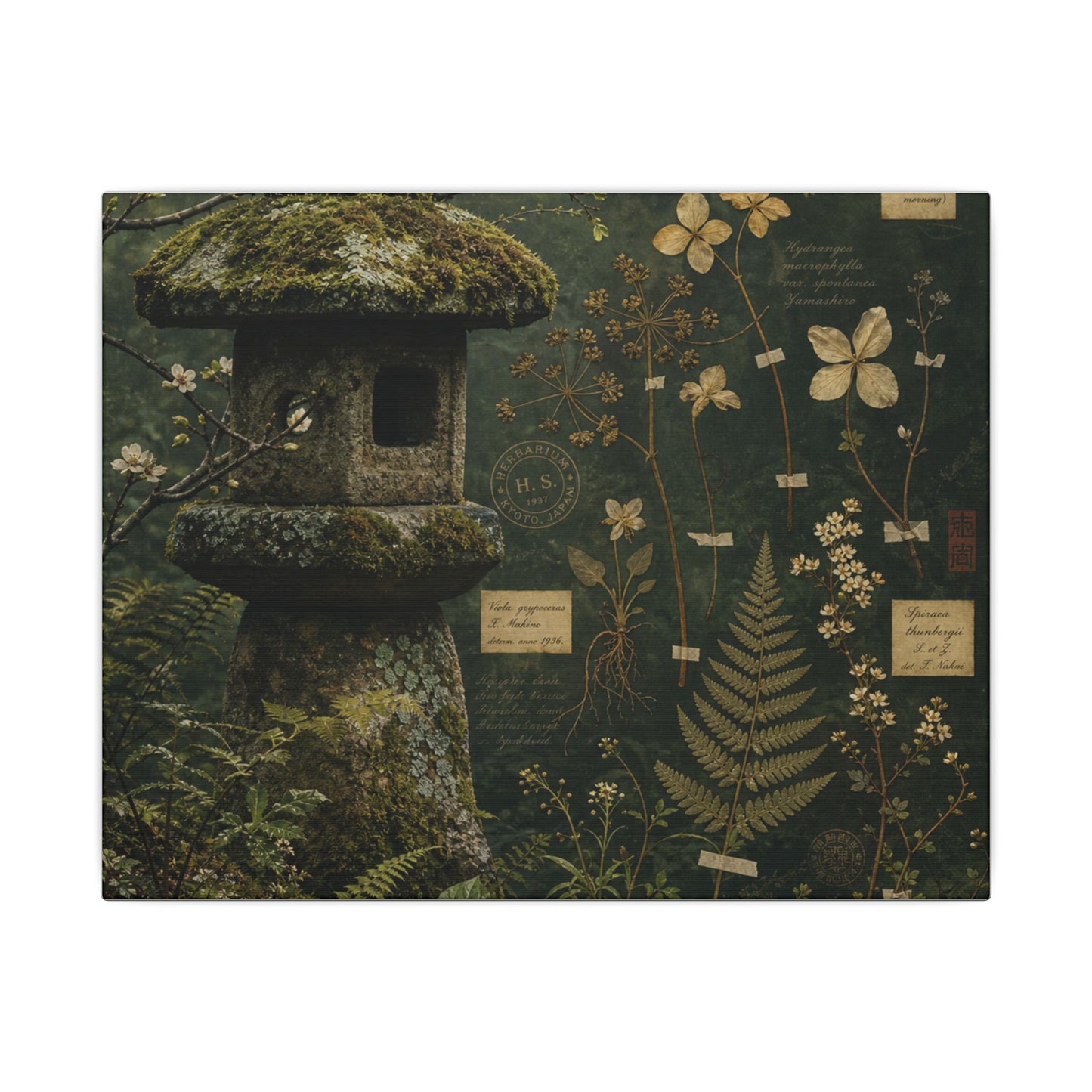 Spring Stone Lantern Herbarium Canvas Art | Nostalgic Decor