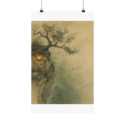 Japandi Pine Tree in Candlelight | Minimal Line Wall Art Print