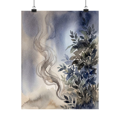 Japandi Incense Smoke in Moonlight | Watercolor Wall Art Print