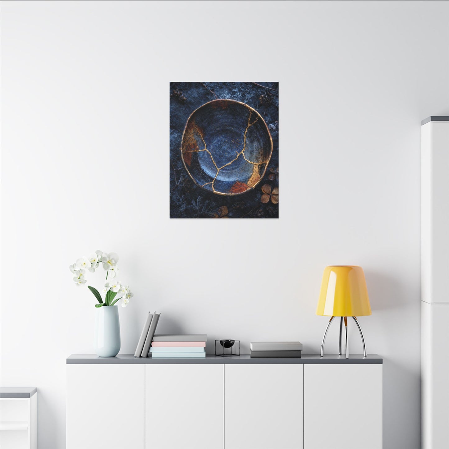 Kintsugi Ceramic Bowl in Moonlight | Crackle Gold Canvas Art