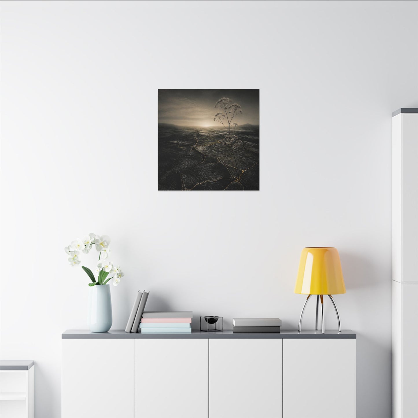 Dawn Cracked Earth Canvas Art - Dark Japandi Mono No Aware
