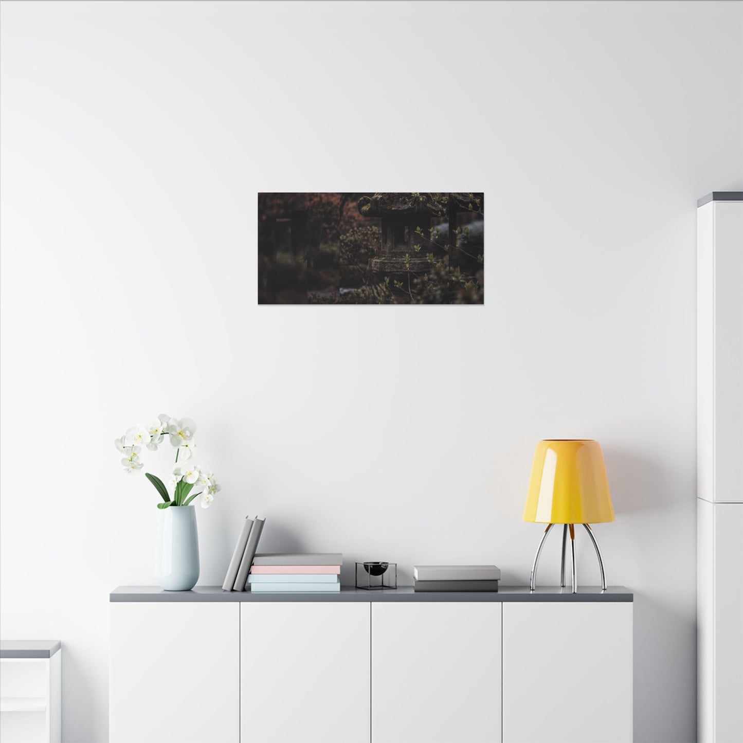 Stone Lantern Spring Canvas Art | Dark Japandi Bold Design