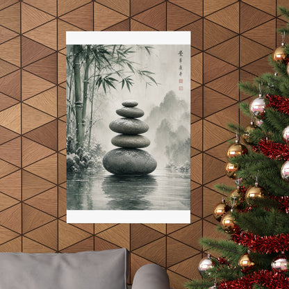 River Stones Sumi E Wall Art Print | Tranquil Zen Art