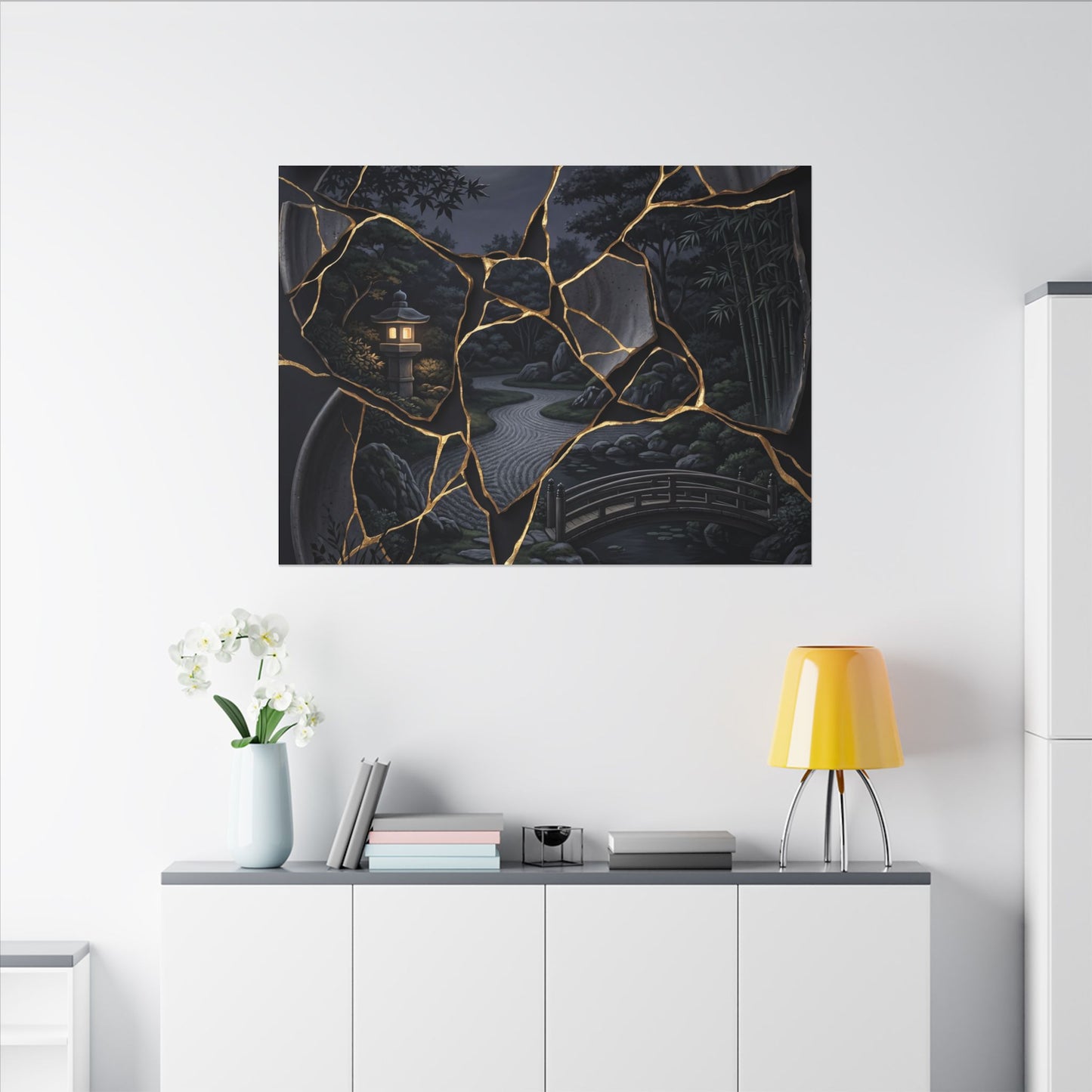 Kintsugi Moonlit Garden in Golden Hour | Gold Repair Canvas Art