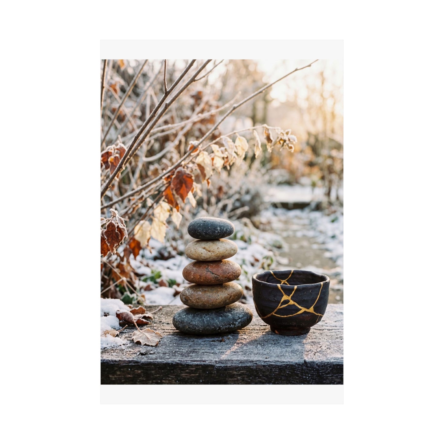 Winter River Stones Gold Repair Wall Art Print | Healing Decor