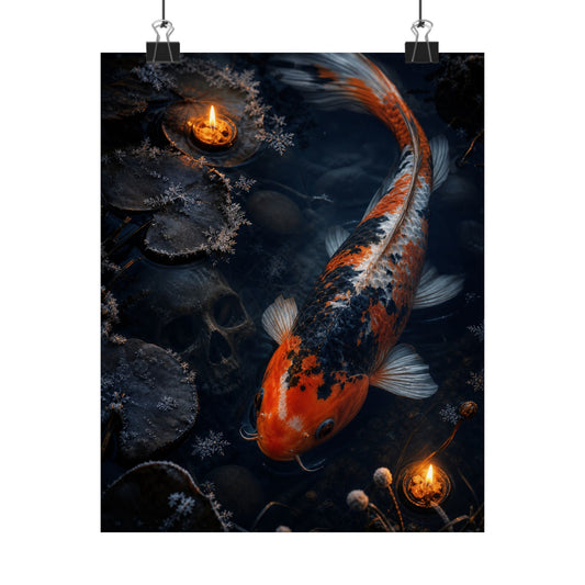 Candlelight Koi Pond Wall Art Print - Dark Japandi Datsuzoku