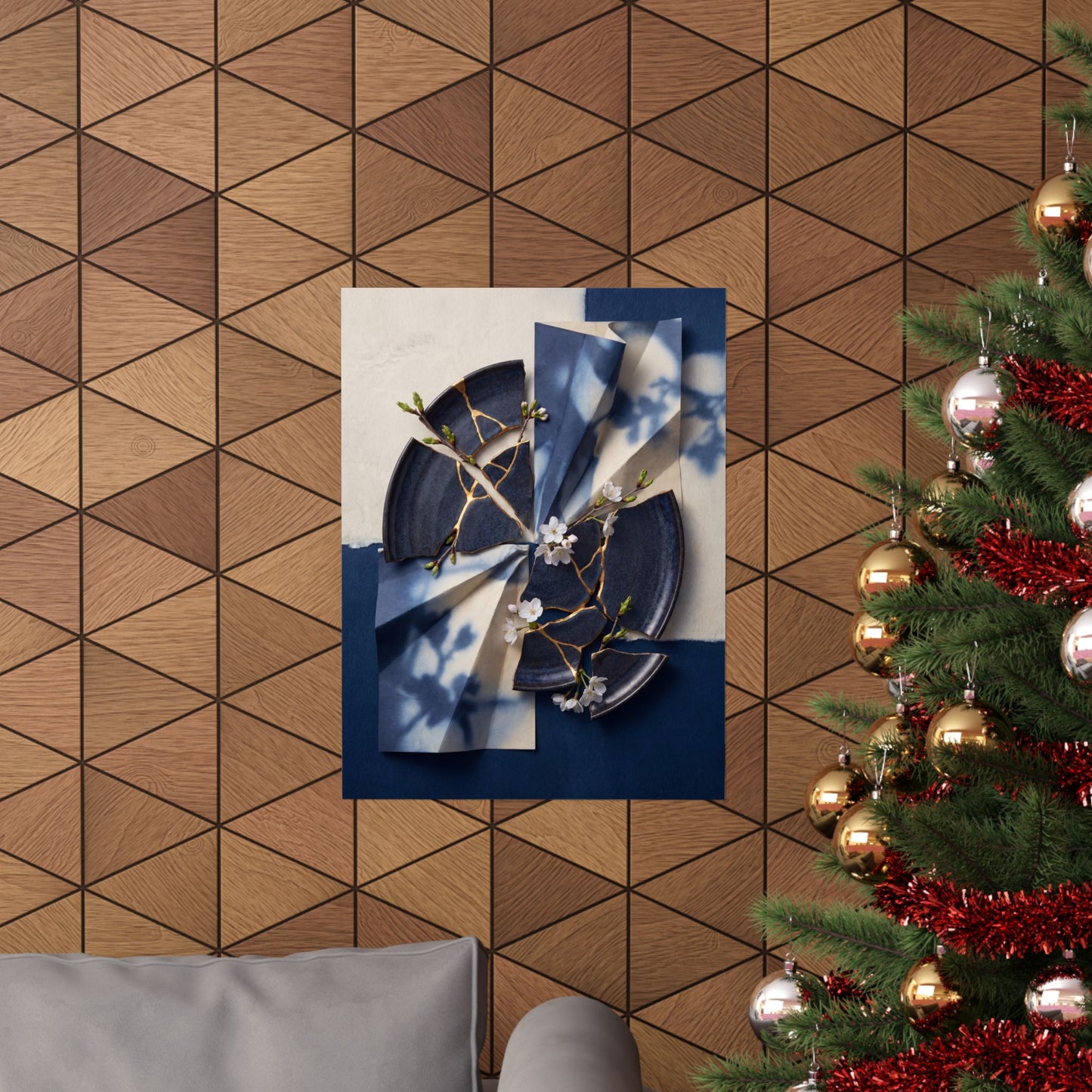 Kintsugi Paper Fold in Moonlight | Gold Repair Wall Art Print