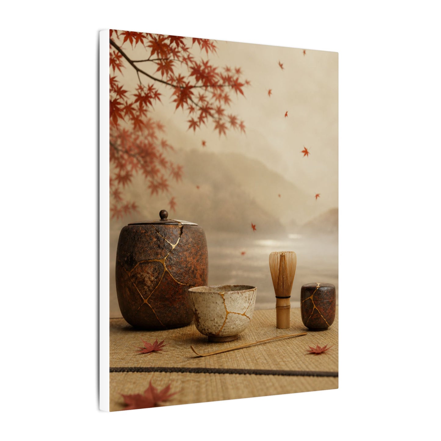 Tea Ceremony Canvas Art | Autumn Kintsugi Gold Vein Art