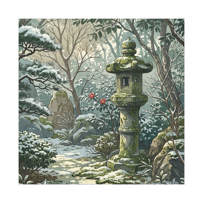 Stone Lantern Winter Canvas Art | Japandi Warm Design
