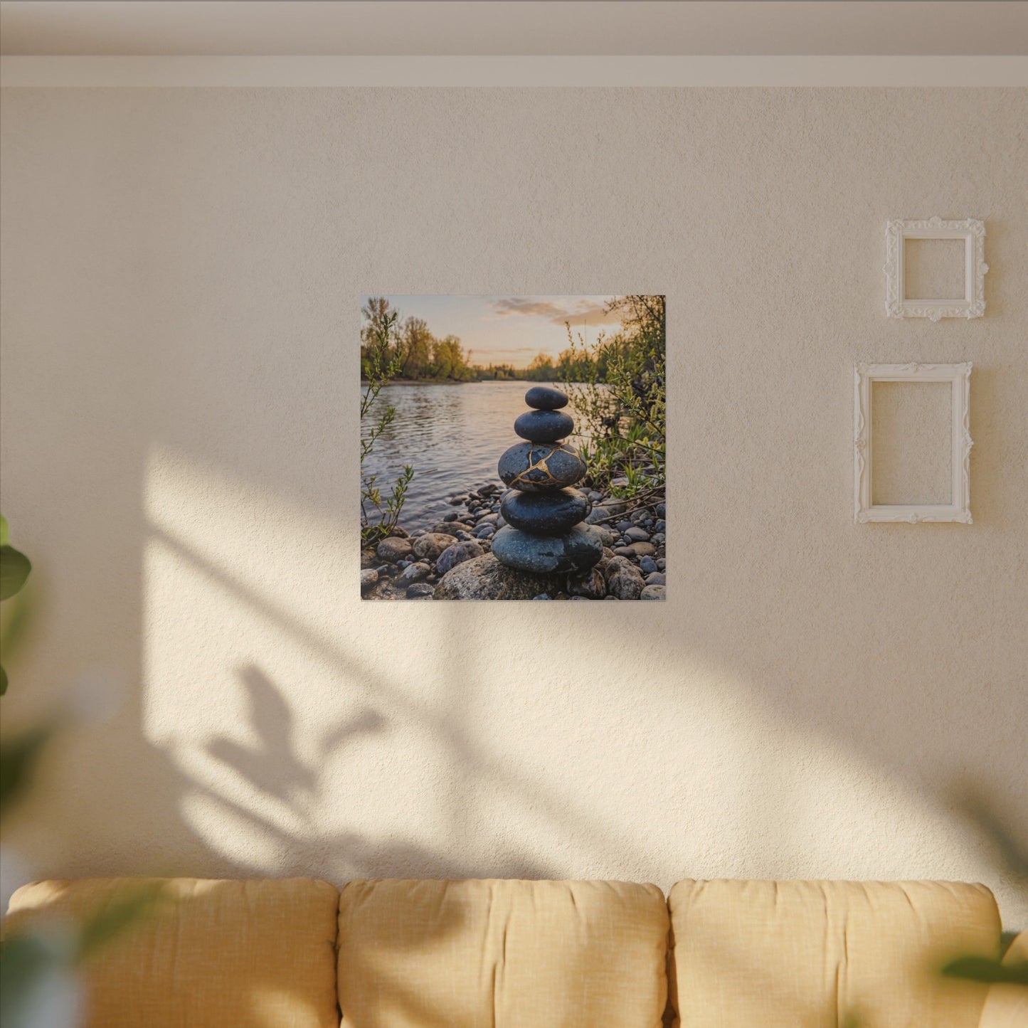 Kintsugi River Stones in Golden Hour | Gold Vein Canvas Art