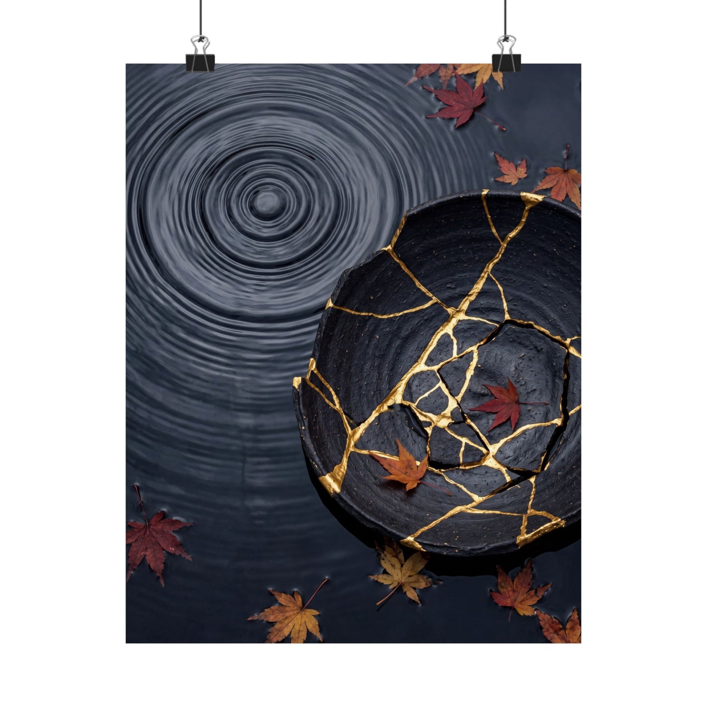 Kintsugi Water Ripple in Overcast | Gold Repair Wall Art Print