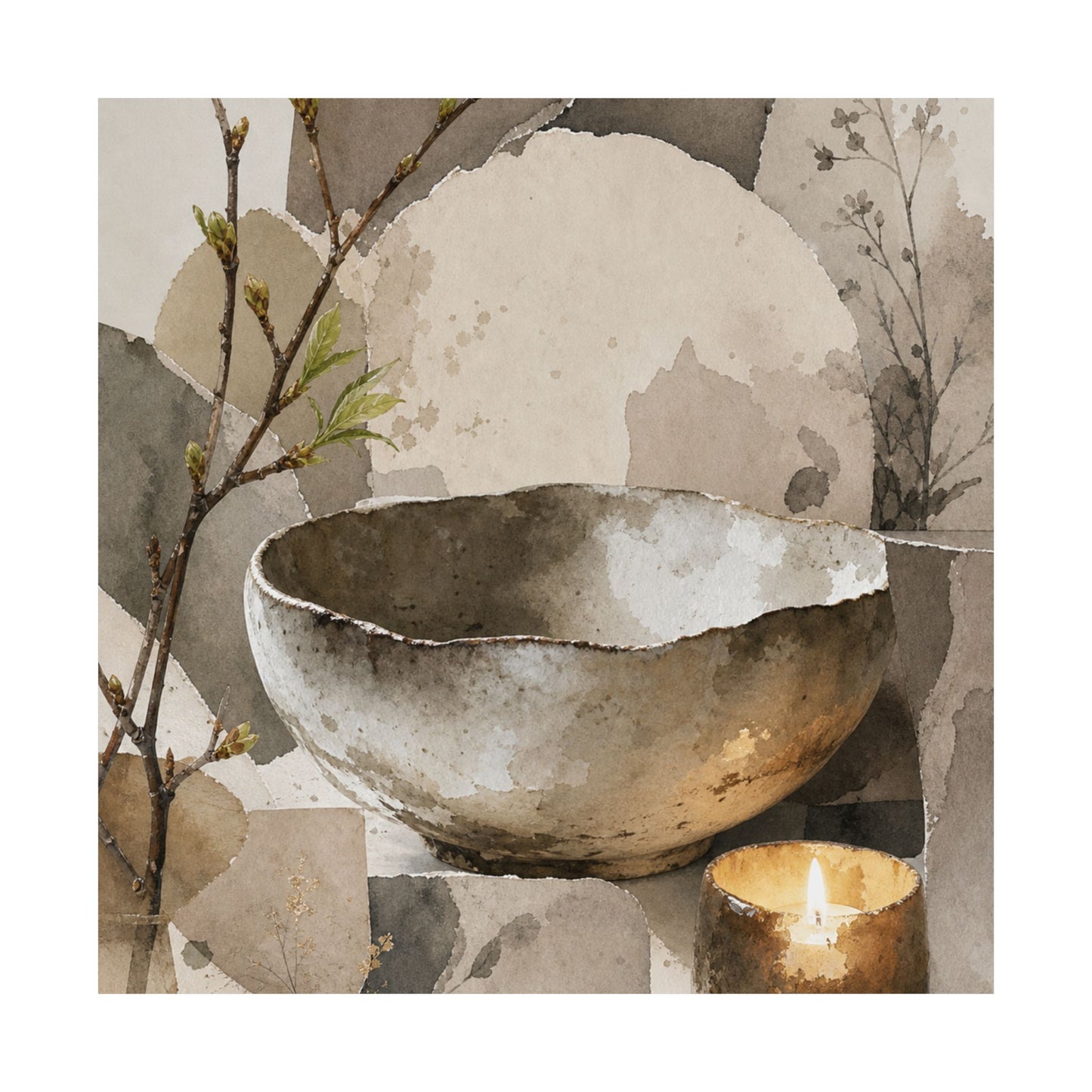 Candlelight Ceramic Bowl Wall Art Print - Japandi Fukinsei