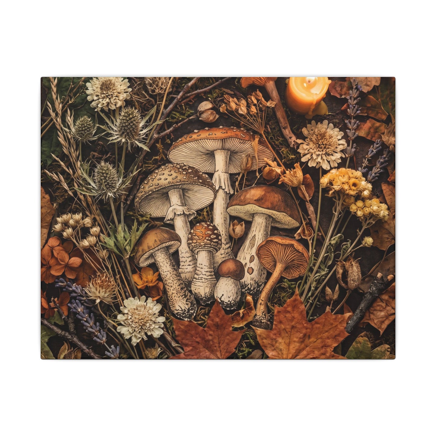 Autumn Dried Flowers Mushroom Illustration Canvas Art | Earthy Decor