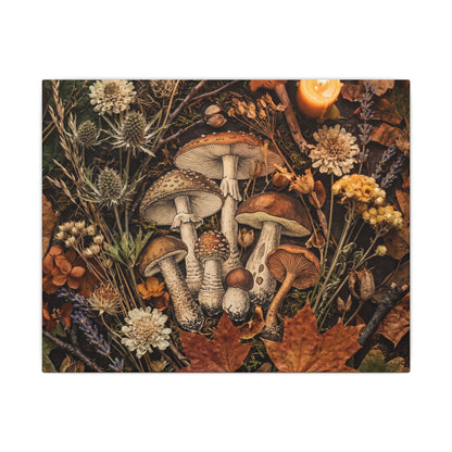 Autumn Dried Flowers Mushroom Illustration Canvas Art | Earthy Decor