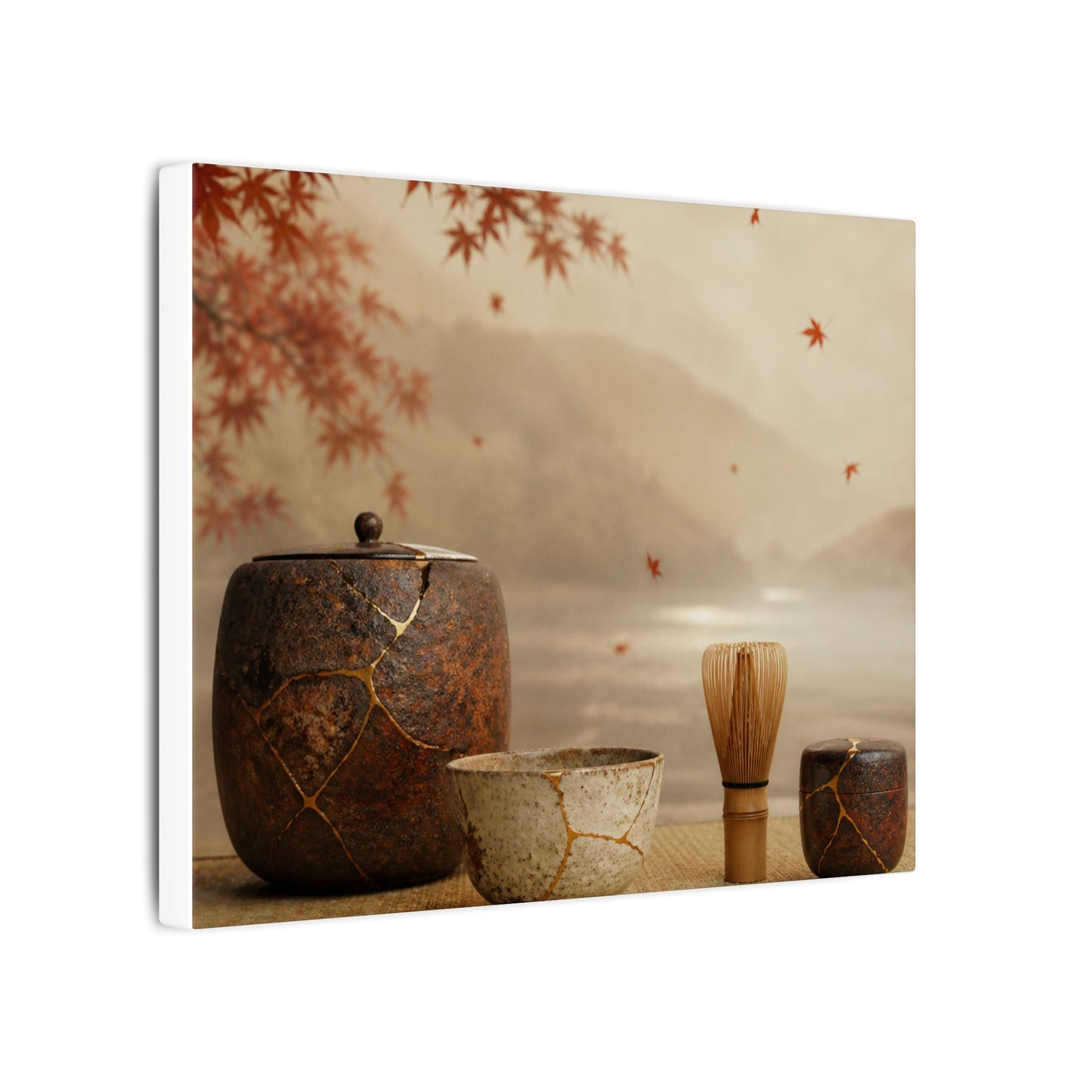 Tea Ceremony Canvas Art | Autumn Kintsugi Gold Vein Art