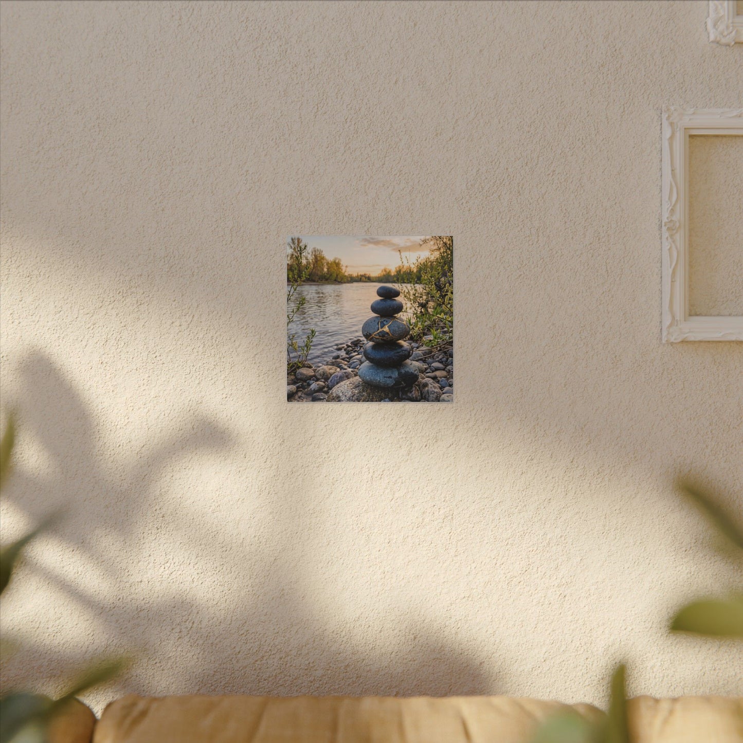 Kintsugi River Stones in Golden Hour | Gold Vein Canvas Art
