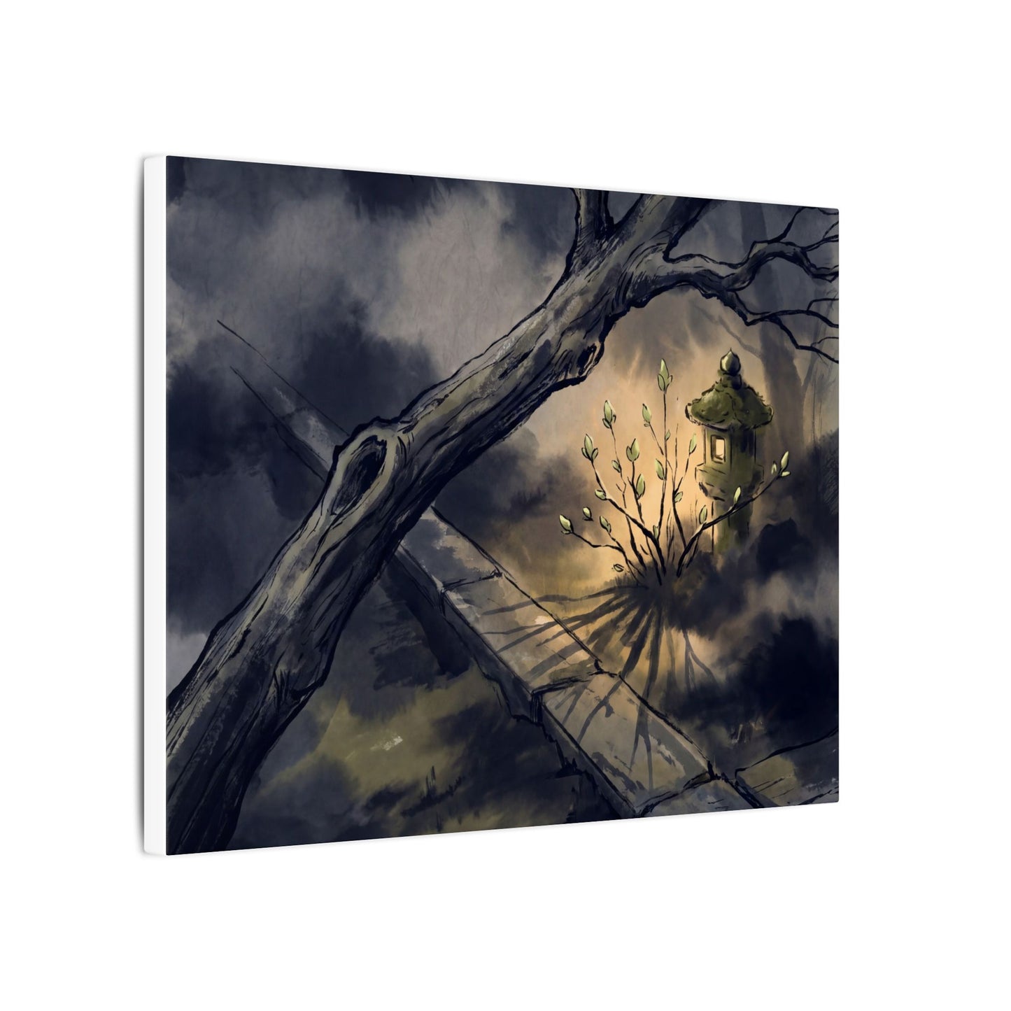 Dark Japandi Moonlit Garden in Golden Hour | Charcoal Ink Canvas Art