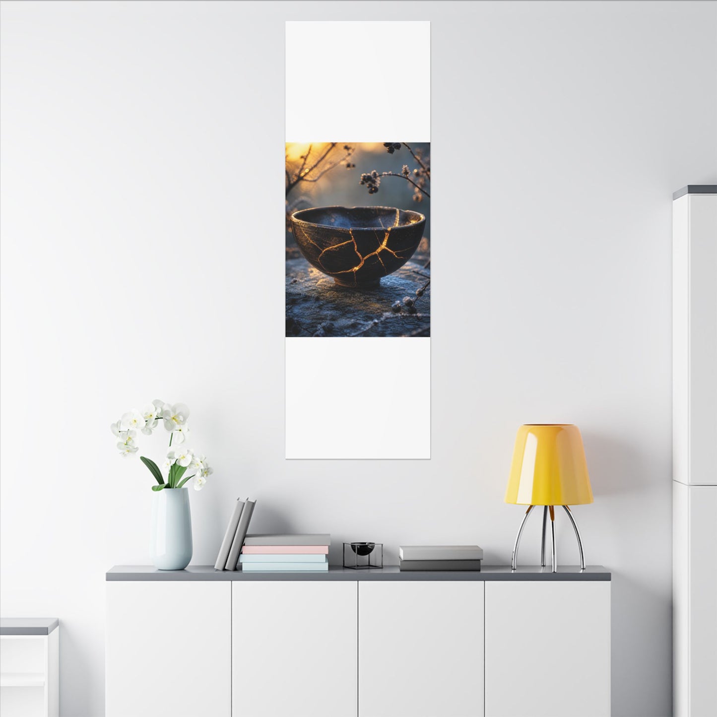 Ceramic Bowl Canvas Art | Winter Kintsugi Gold Repair Art