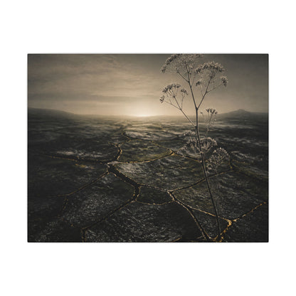 Dawn Cracked Earth Canvas Art - Dark Japandi Mono No Aware