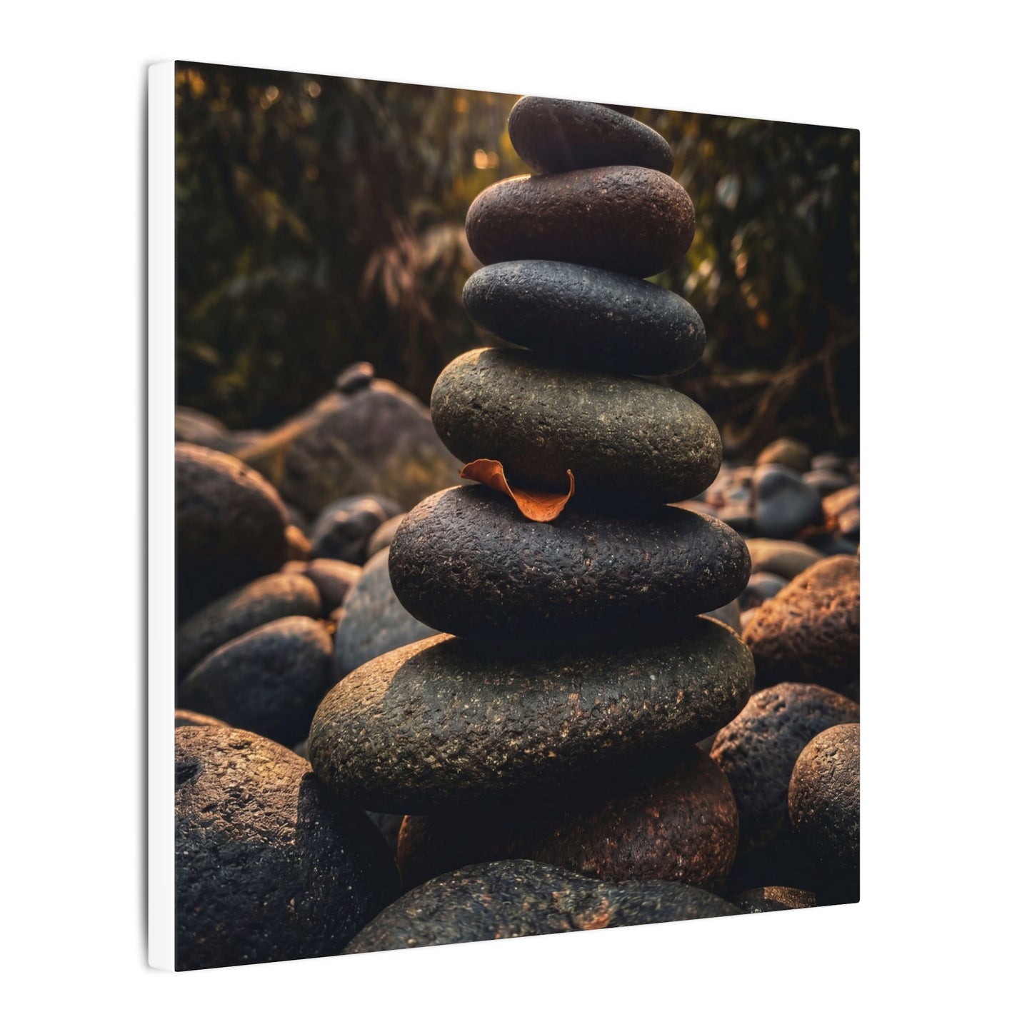 Dark Japandi River Stones in Golden Hour | Moody Minimal Canvas Art
