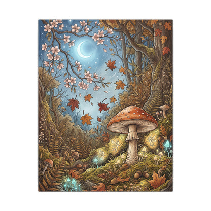 Autumn Cherry Blossom Mushroom Illustration Canvas Art | Enchanting Decor
