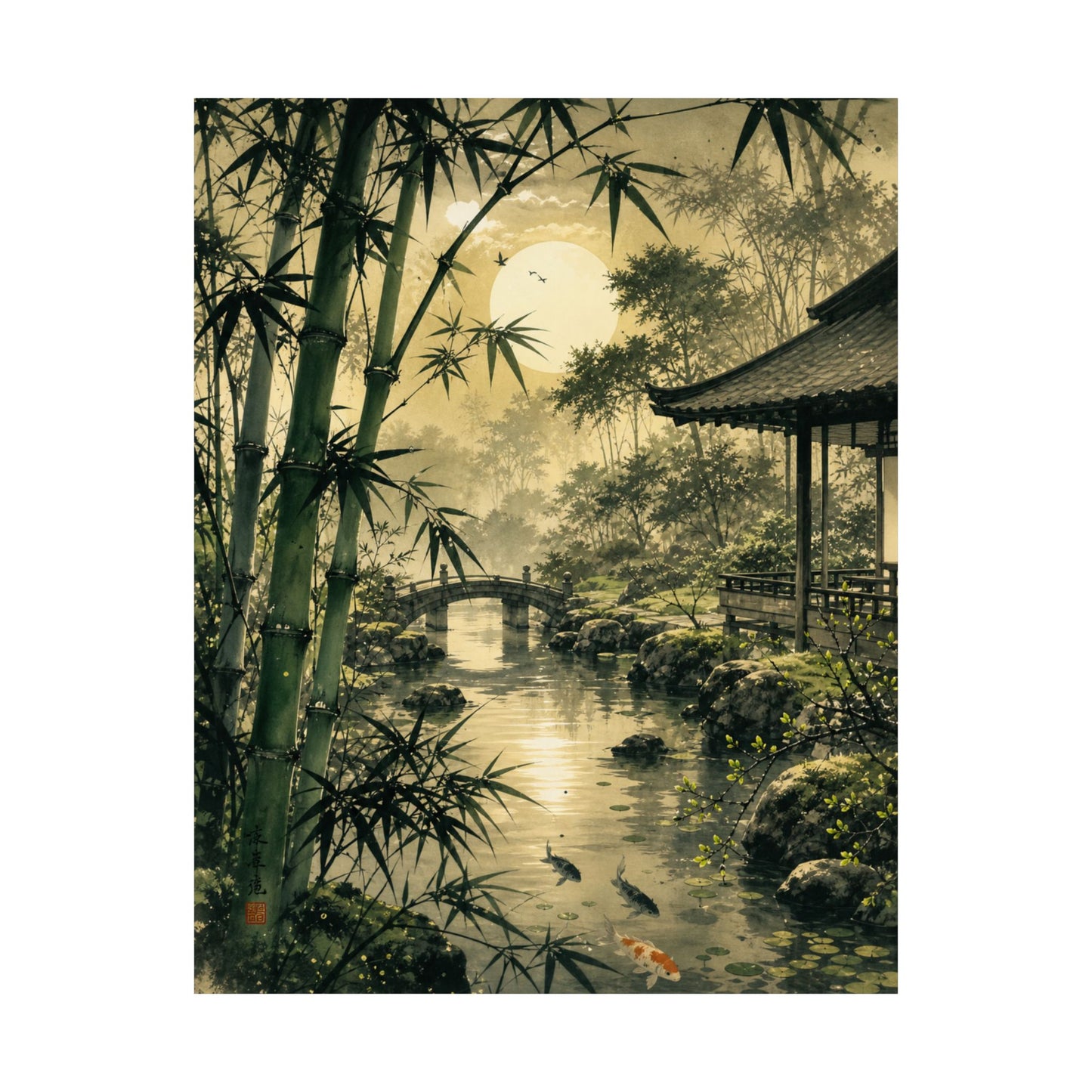 Datsuzoku Moonlit Garden Wall Art Print - Zen Sumi E