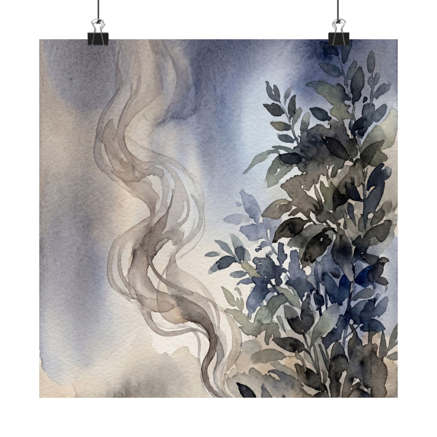 Japandi Incense Smoke in Moonlight | Watercolor Wall Art Print