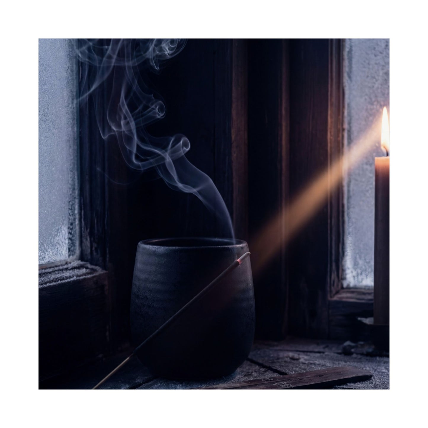 Dark Japandi Incense Smoke in Candlelight | Moody Minimal Wall Art Print