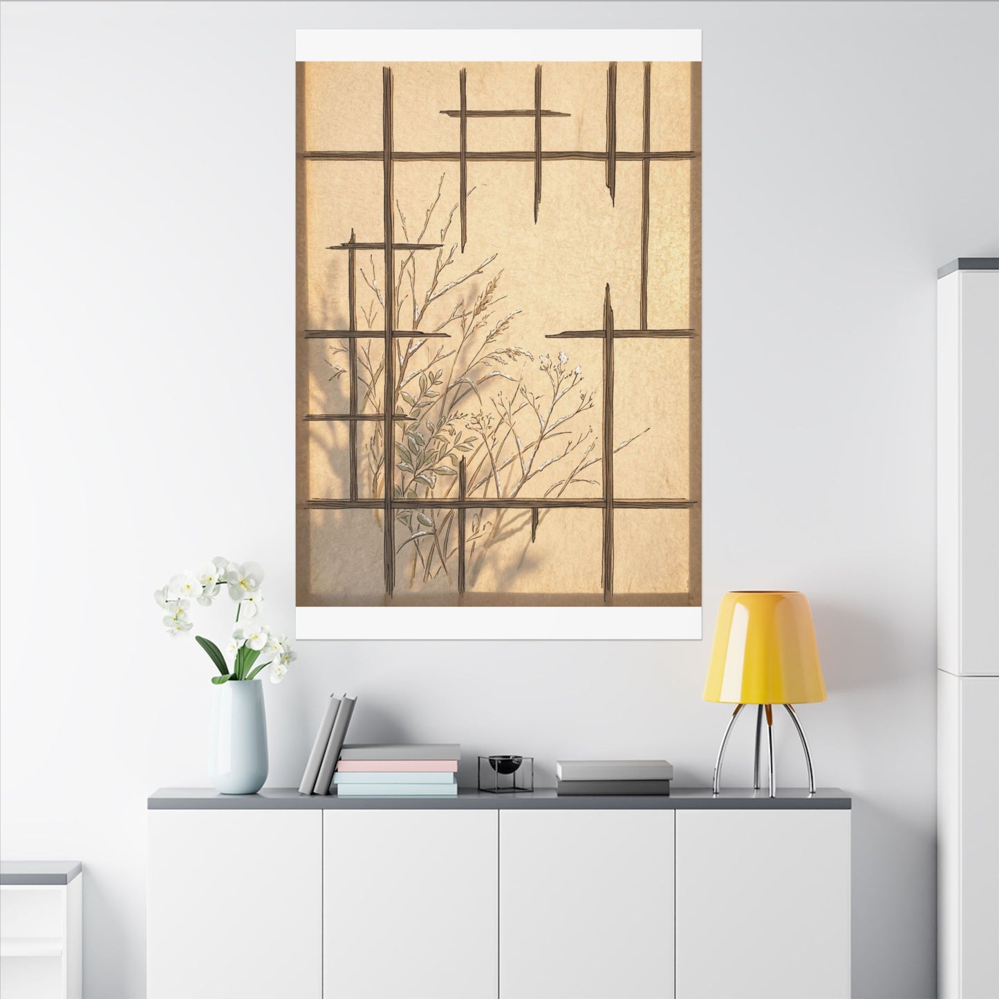 Shoji Screen Canvas Art | Winter Japandi Minimal Line Art
