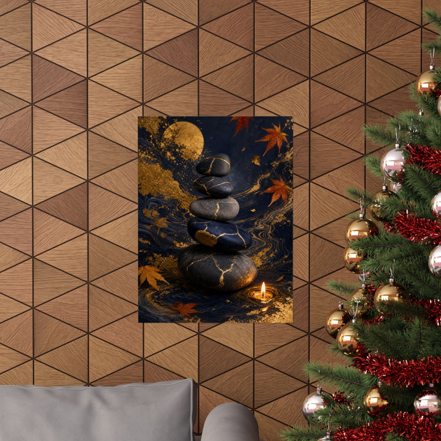 River Stones Wall Art Print | Autumn Kintsugi Gold Vein Art
