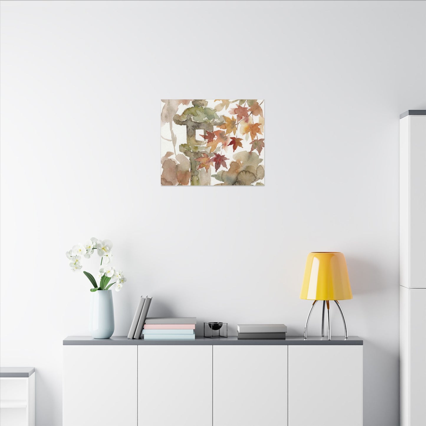 Stone Lantern Watercolor Canvas Art | Earthy Japandi Art