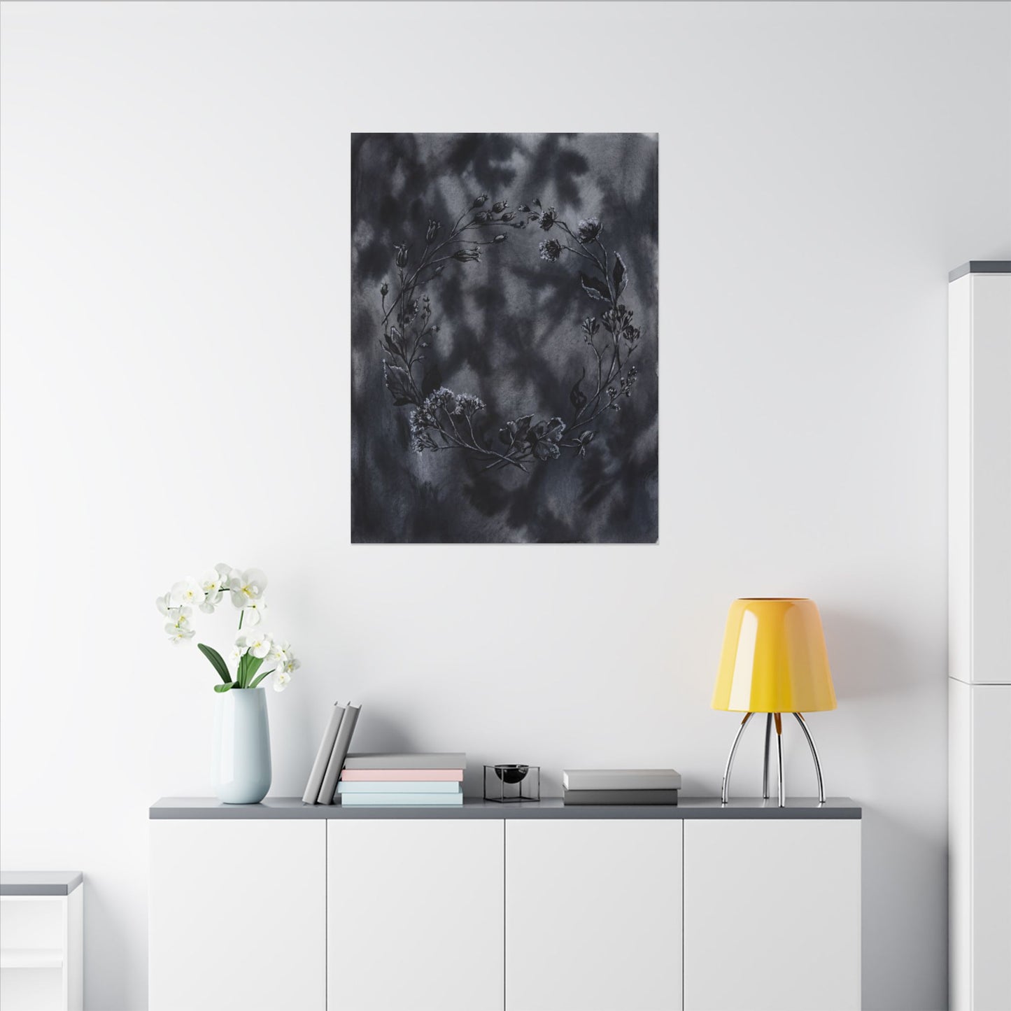 Dried Flowers Canvas Art | Winter Dark Japandi Shadow Zen Art