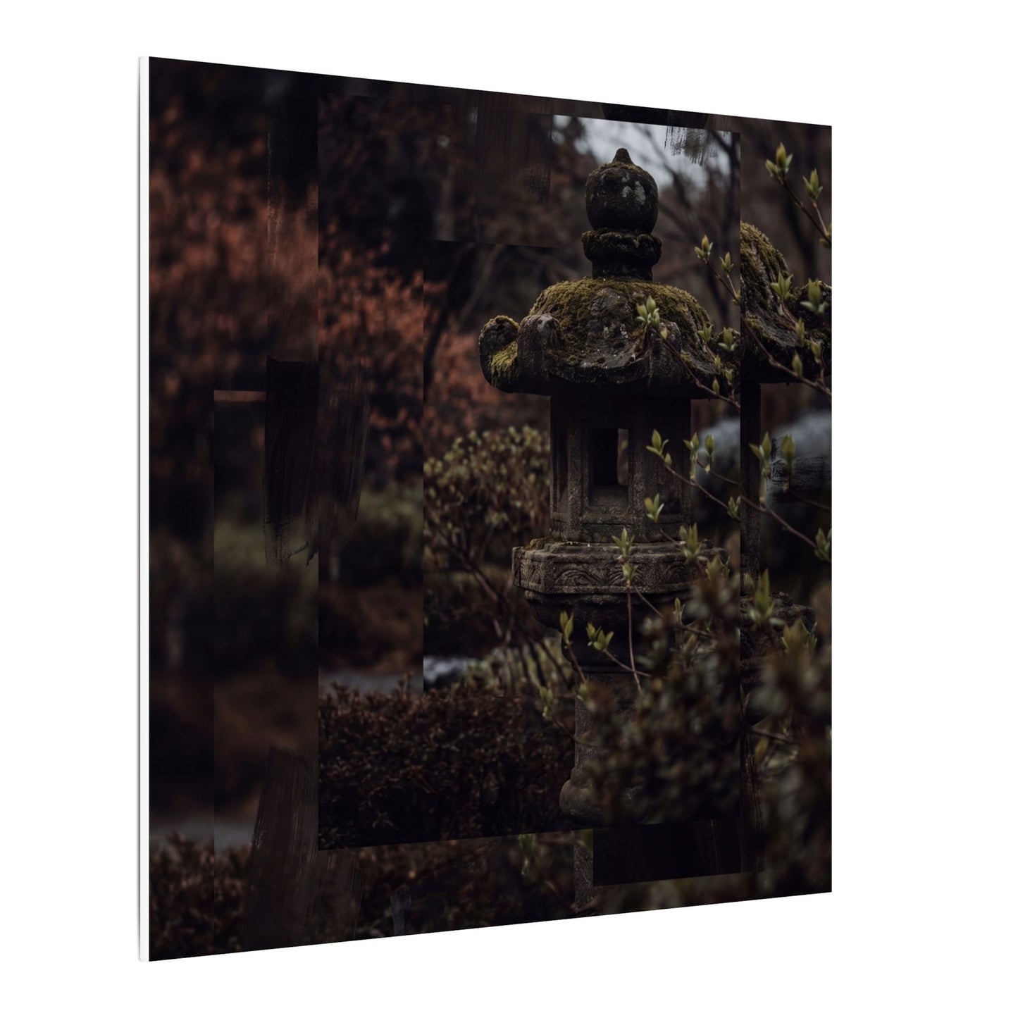Stone Lantern Spring Canvas Art | Dark Japandi Bold Design