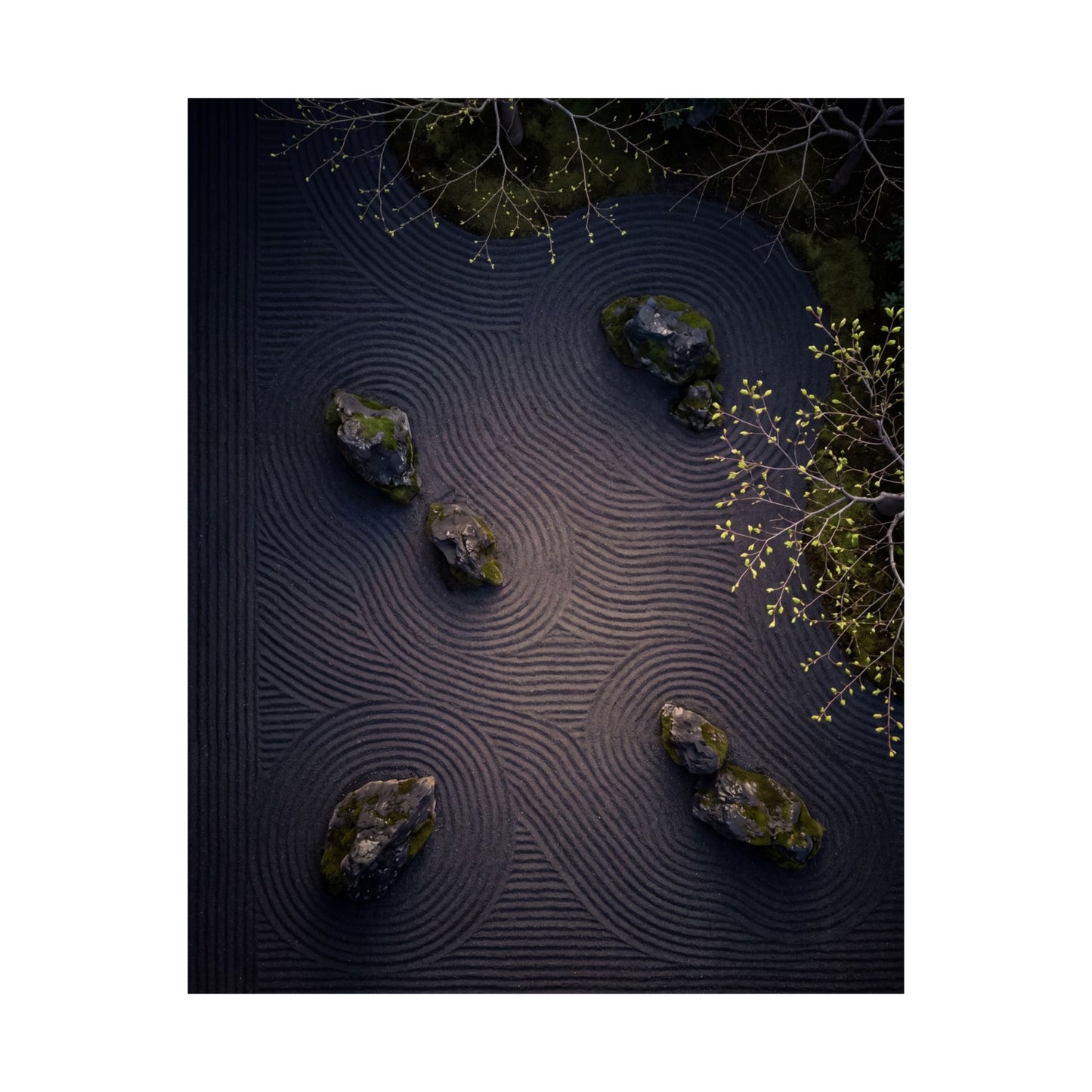 Rock Garden Shadow Zen Wall Art Print | Atmospheric Dark Japandi Art
