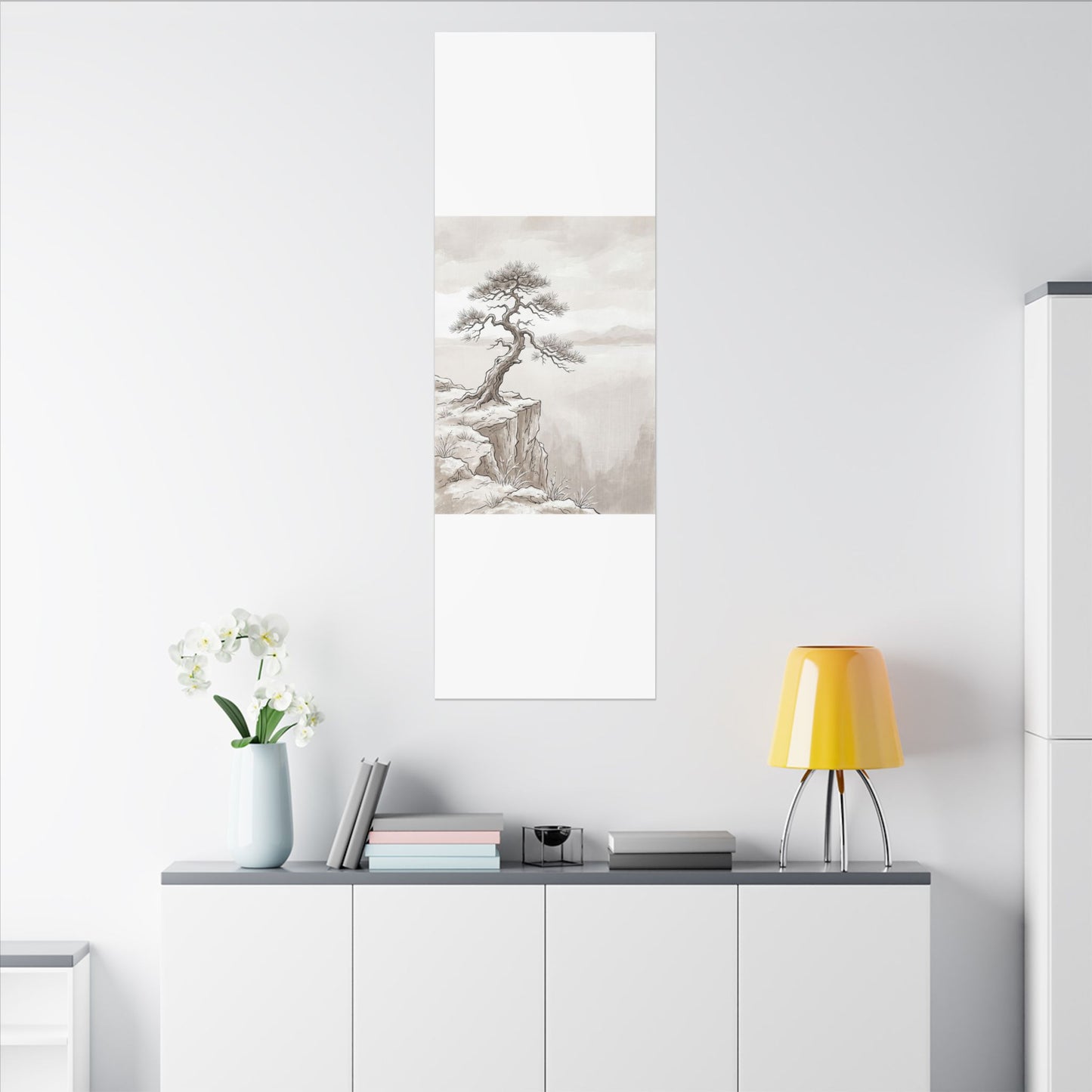 Neutral Pine Tree Canvas Art - Minimal Line Japandi